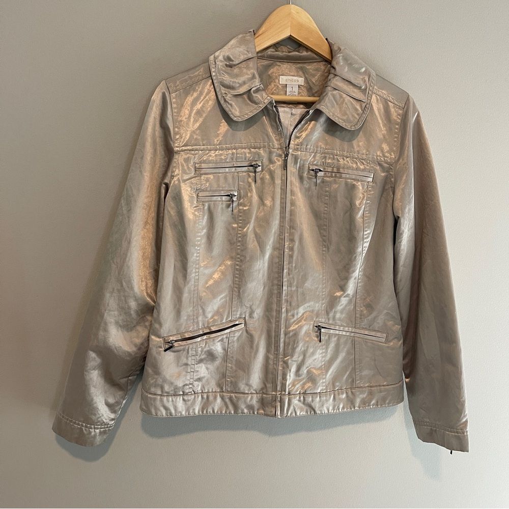 Chico's Gold Satin Full Zip Jacket Blazer Size 1 Medium